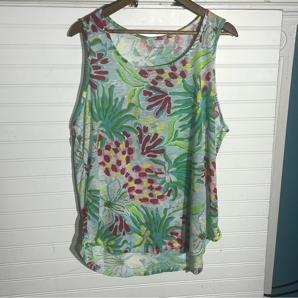 Casey Key Tropical Floral Print Rhinestone Studded Tank Top Plus Size 2X